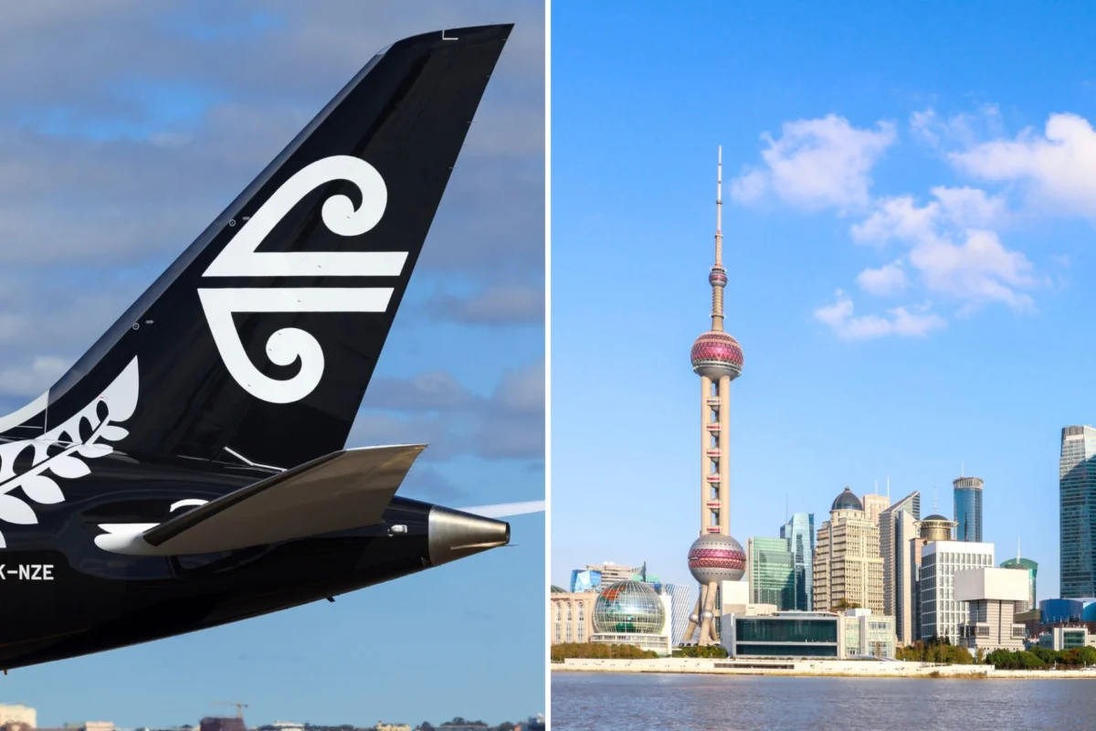 Split image airplane tail on the left and Shanghai skyline with the Oriental Pearl Tower on the right