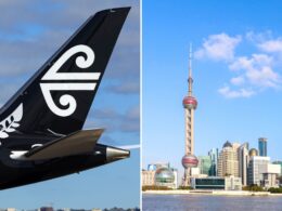 Split image airplane tail on the left and Shanghai skyline with the Oriental Pearl Tower on the right