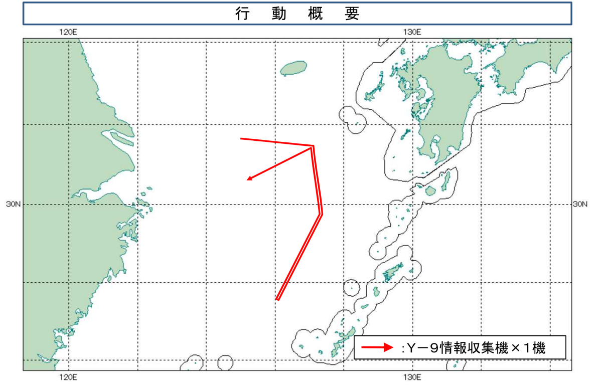 Map showing red flight path annotated as a Y 9 information gathering aircraft trajectory near Japan labeled in Japanese box at bottom right