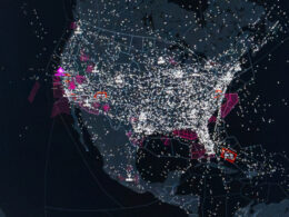 Nighttime map visualization showing dense air traffic with white dots and flight paths across a region magenta hubs and red outlined areas highlight key airports or zones