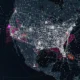 Nighttime map visualization showing dense air traffic with white dots and flight paths across a region magenta hubs and red outlined areas highlight key airports or zones