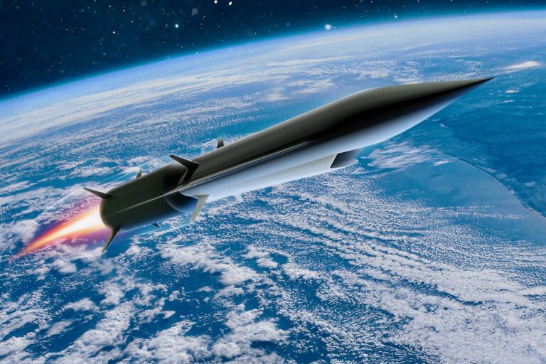 Rocket powered spacecraft soaring above Earth with a fiery exhaust plume