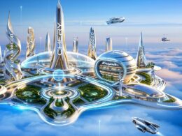 Futuristic city in the sky with glass towers glowing bridges and flying vehicles above the clouds