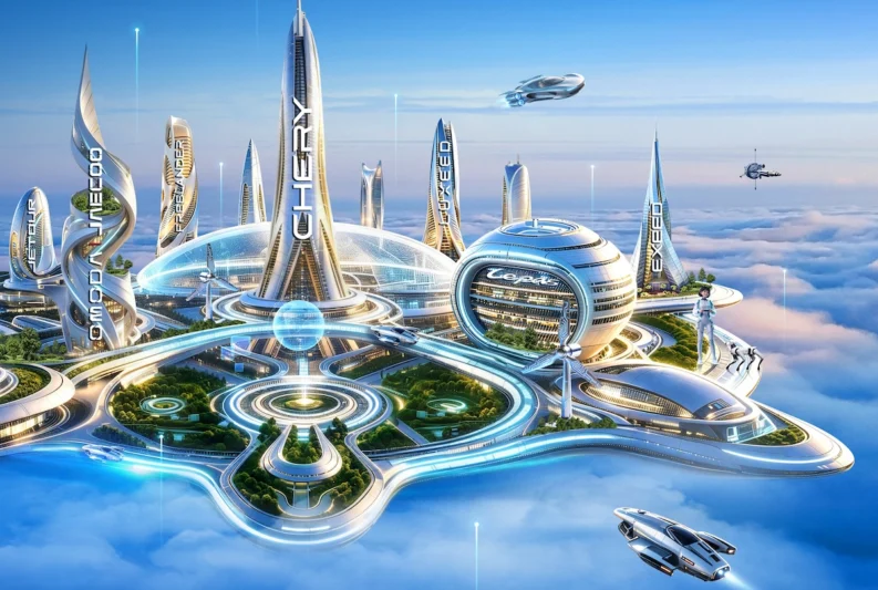 Futuristic city in the sky with glass towers glowing bridges and flying vehicles above the clouds