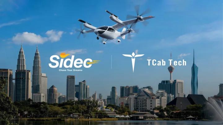 03 E20 SIDEC TCab Graphic City skyline with a white aircraft flying overhead Sidec and TCab Tech logos centered for a partnership promo