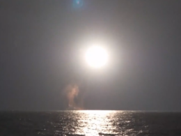 A Bulava ballistic missile is launched from the Sea of Okhotsk by the Russian Navys Generalissimo Suvorov submarine