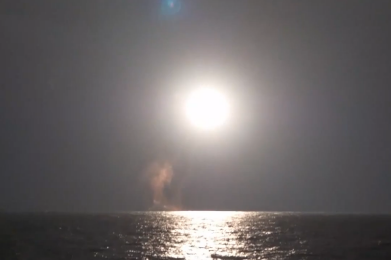 A Bulava ballistic missile is launched from the Sea of Okhotsk by the Russian Navys Generalissimo Suvorov submarine