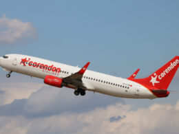 A Corendon Airlines Boeing 737 800 takes off