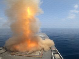 A French Navy FREMM frigate launches an Aster surface to air missile during the interception of three ballistic missiles fired from Yemen on March 21 2024