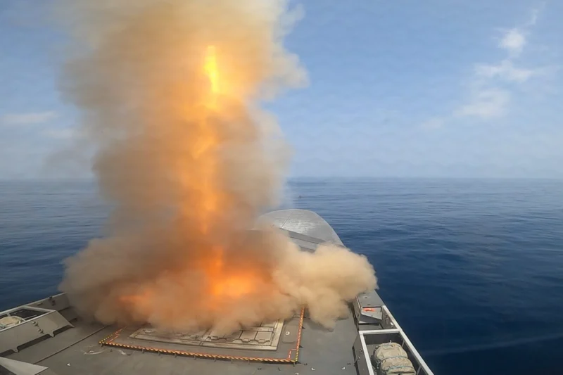 A French Navy FREMM frigate launches an Aster surface to air missile during the interception of three ballistic missiles fired from Yemen on March 21 2024