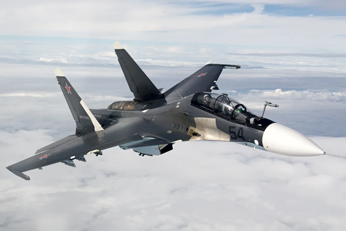 A Russian Sukhoi Su 30SM fighter jet in flight A Russian Sukhoi Su 30SM fighter jet in flight