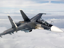 A Russian Sukhoi Su 30SM fighter jet in flight