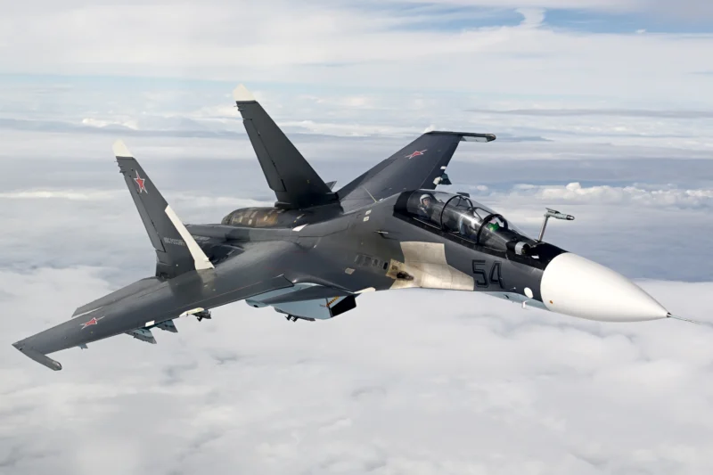 A Russian Sukhoi Su 30SM fighter jet in flight