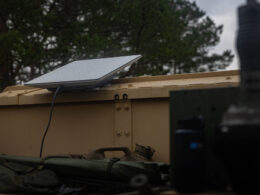 A Starshield satellite communications terminal mounted on a US Marine Corps Humvee