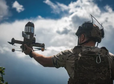 A Ukrainian serviceman from the 114th Separate Territorial Defence Brigade launches a Sting interceptor drone