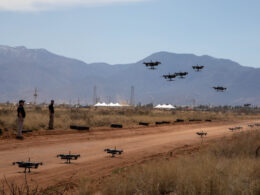 A swarm of unmanned aerial systems during a US Army demonstration at Fort Huachuca Arizona