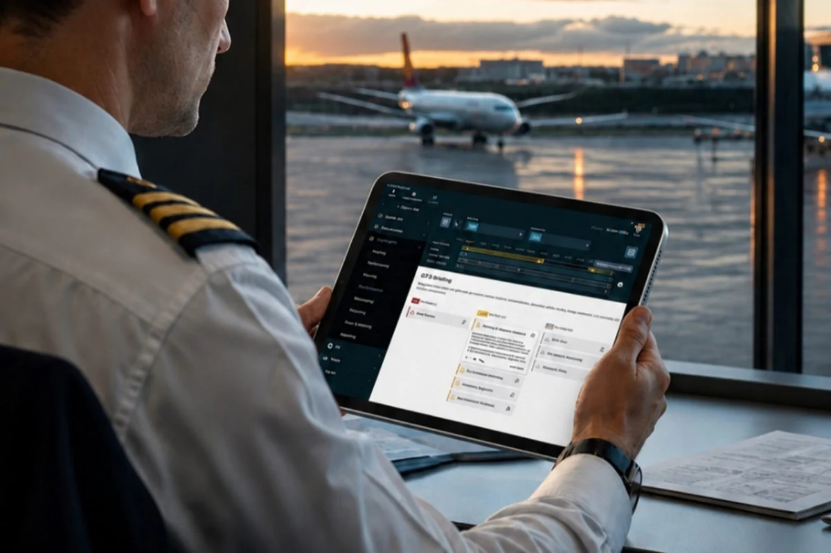 Adaptive TEM delivers a context aware threat briefing tailored to the airport runway and approach Pilot in uniform using a tablet to view flight data with an airplane on the tarmac outside at sunset