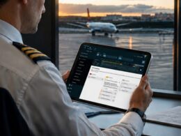 Pilot in uniform using a tablet to view flight data with an airplane on the tarmac outside at sunset