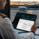 Pilot in uniform using a tablet to view flight data with an airplane on the tarmac outside at sunset