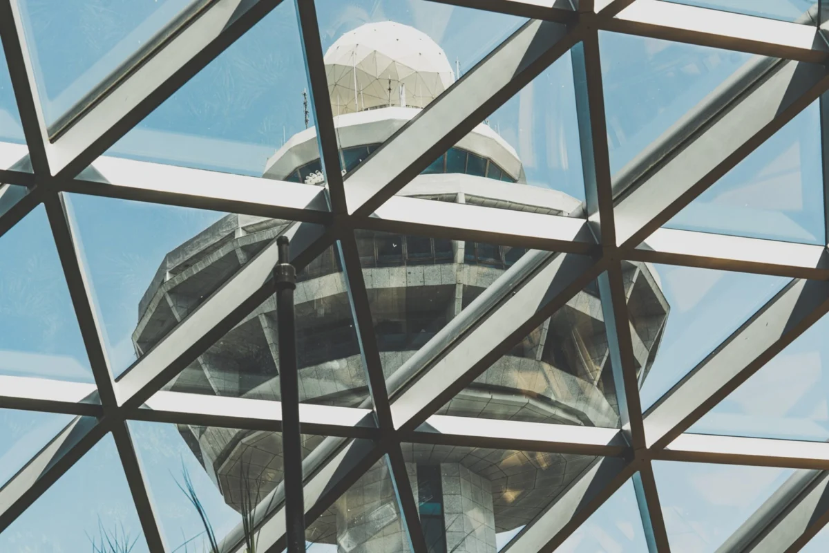 Air traffic control tower photographed from the inside of the Jewel at Terminal 1 in Changi International Airport