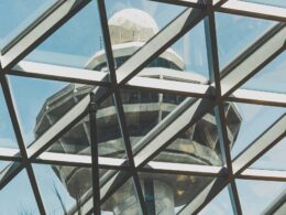 Air traffic control tower photographed from the inside of the Jewel at Terminal 1 in Changi International Airport