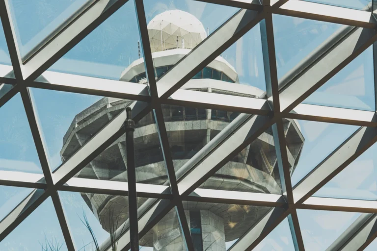 Air traffic control tower photographed from the inside of the Jewel at Terminal 1 in Changi International Airport