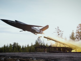 Airbus U740 Valkyrie uncrewed combat aircraft launches from a rocket assisted rail system during its first flight in Europe