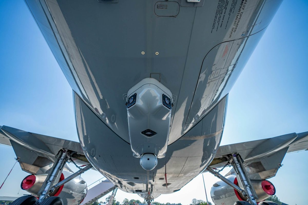 An AeroShield missile protection installation incorporating BIRD Aerosystems SPREOS DIRCM system beneath an Airbus A319