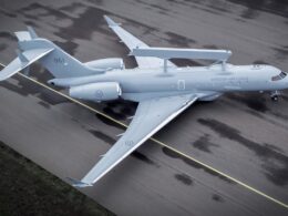 An overhead view of the Swedish Air Forces first S 106 GlobalEye serial 061 showing the Erieye Extended Range radar mounted above the Bombardier Global 6000 fuselage