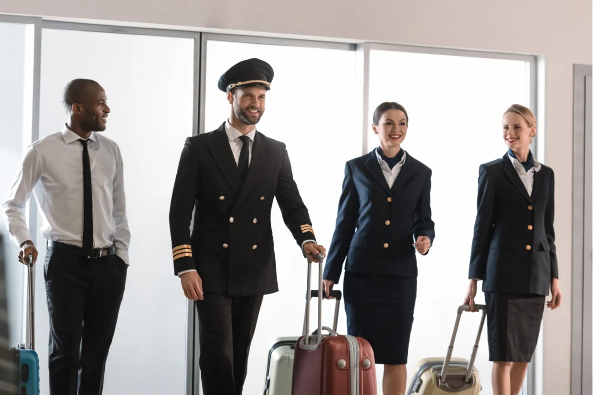 Crew ready for flight Group of airline crew in uniform standing with rolling suitcases in a bright airport setting