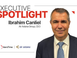 Portrait of Ibrahim Canliei CEO of Air Astana Group in a business portrait with Executive Spotlight headline and AeroTime | Air Astana logos in the frame