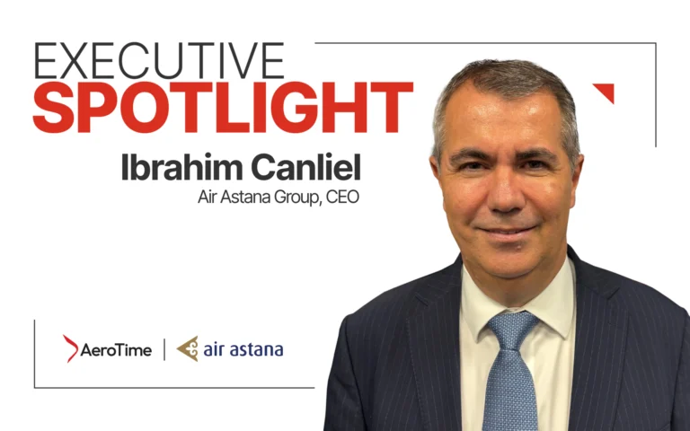 Portrait of Ibrahim Canliei CEO of Air Astana Group in a business portrait with Executive Spotlight headline and AeroTime | Air Astana logos in the frame