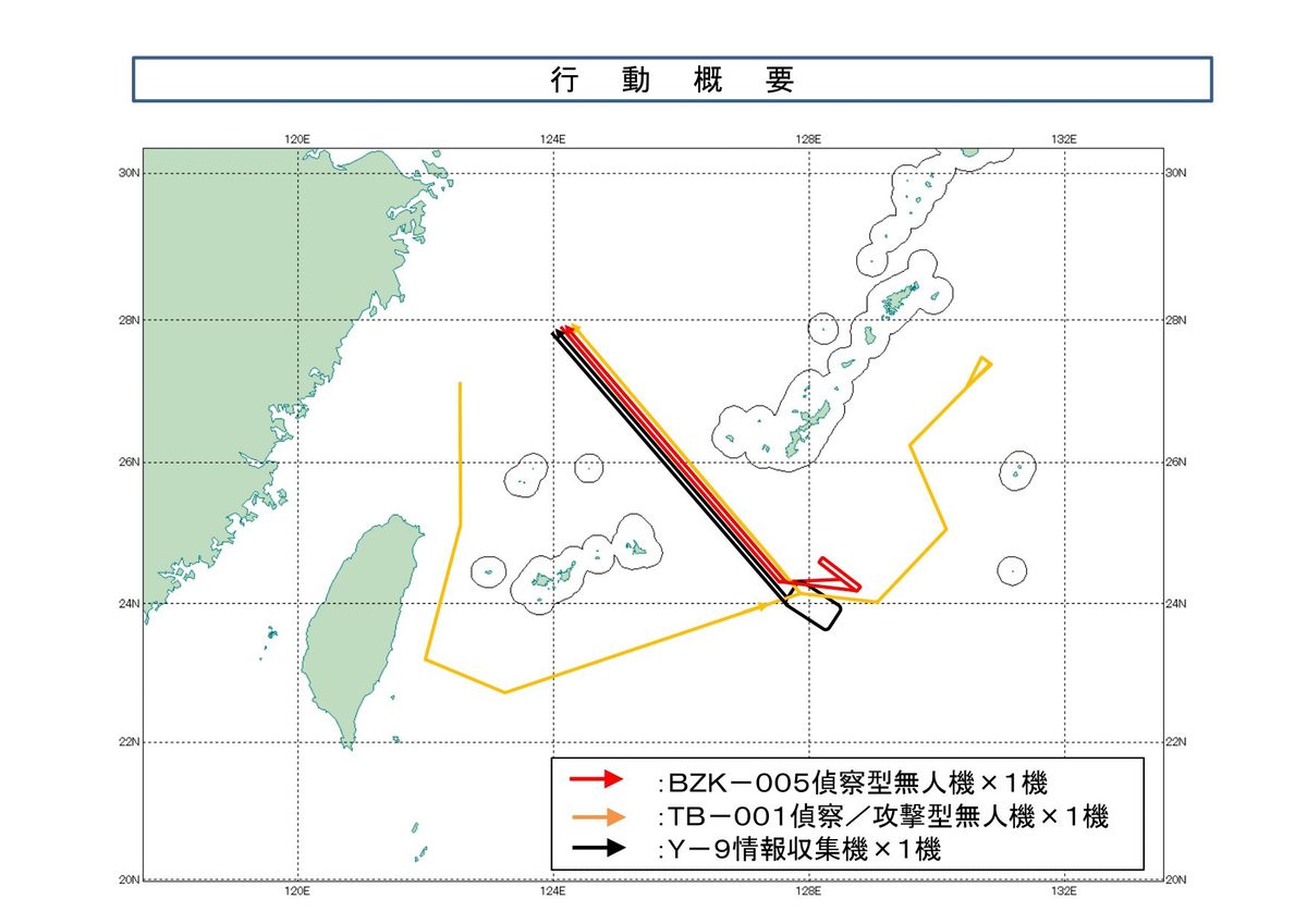 Flight paths of a Chinese military aircraft on October 19 2026 Map of the East China Sea around Taiwan showing aircraft routes red orange and black lines with arrows and nearby islands legend in Japanese identifies three aircraft BZK 005 reconnaissance drone TB 001 reconnaissanceattack drone and Y 9 signals intelligence aircraft