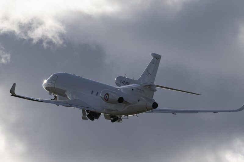 Frances first Dassault Falcon 8X Archange signals intelligence aircraft in flight Frances first Dassault Falcon 8X Archange signals intelligence aircraft in flight