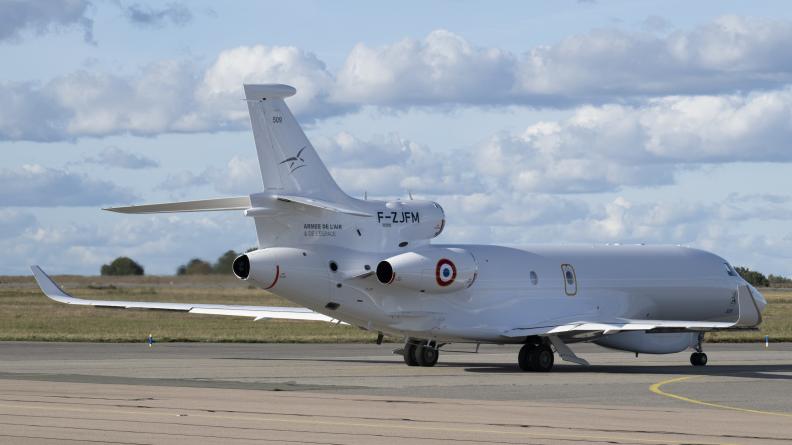 Frances first Dassault Falcon 8X Archange signals intelligence aircraft on the ground at Évreux Fauville Air Base Frances first Dassault Falcon 8X Archange signals intelligence aircraft on the ground at Évreux Fauville Air Base
