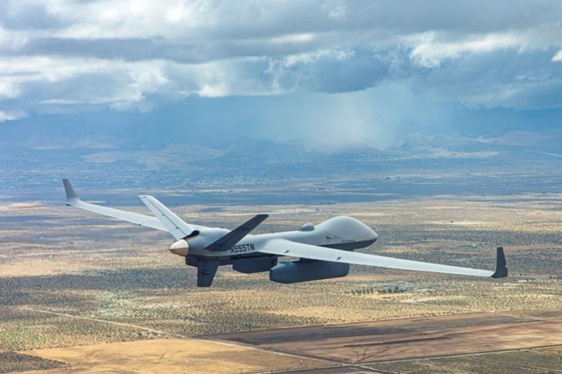 GA ASIs MQ 9B equipped with Saabs LoyalEye airborne early warning radar pods during a test flight over Southern California