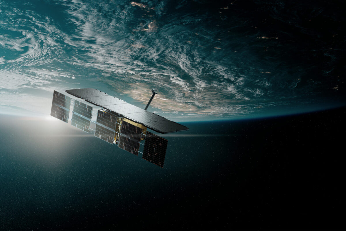 Artists rendering of an ICEYE synthetic aperture radar SAR satellite in orbit Artists rendering of an ICEYE synthetic aperture radar SAR satellite in orbit