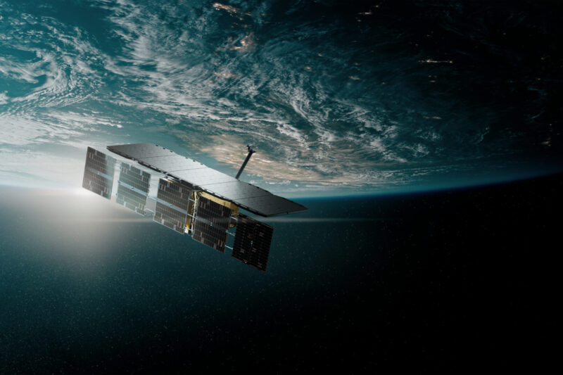 Artists rendering of an ICEYE synthetic aperture radar SAR satellite in orbit