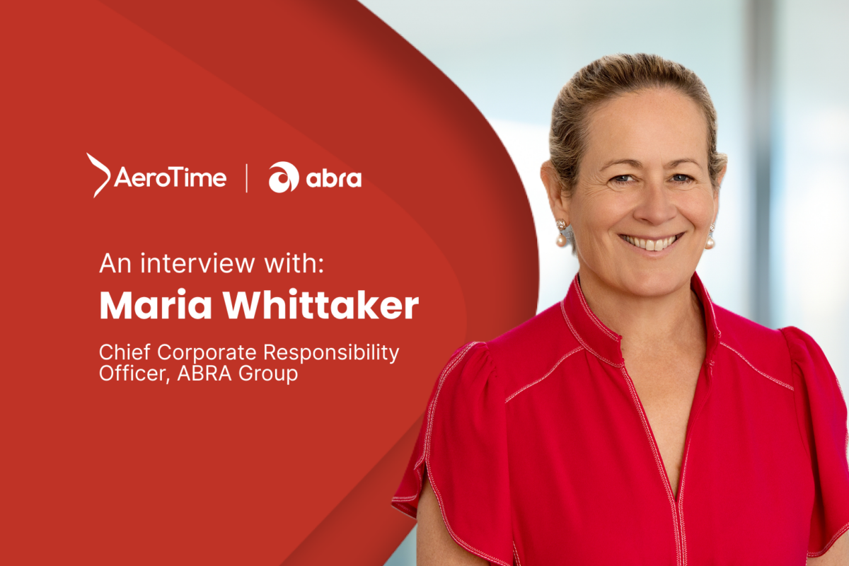 Hero banner announcing an interview with Maria Whittaker Chief Corporate Responsibility Officer ABRA Group with AeroTime and abra logos on a red background