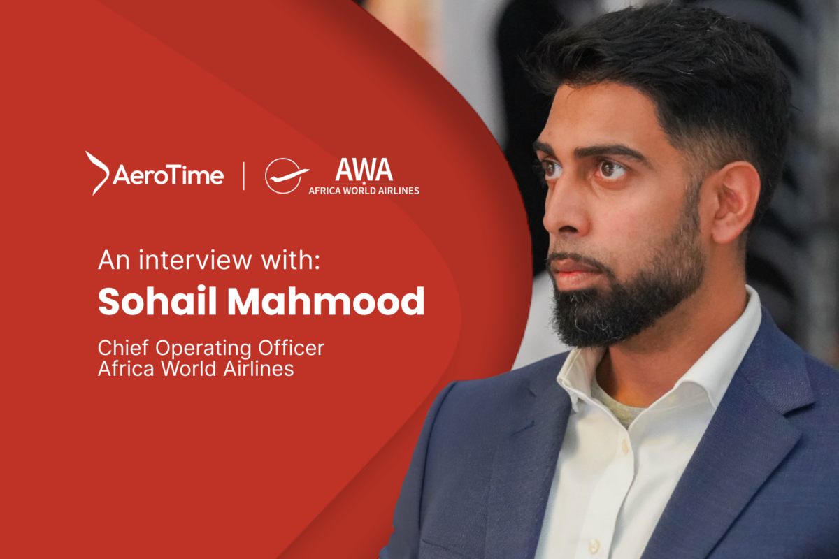 Interview 1620x1080 Sohail Mahmood Interview feature Sohail Mahmood COO of Africa World Airlines on a red graphic background with logos