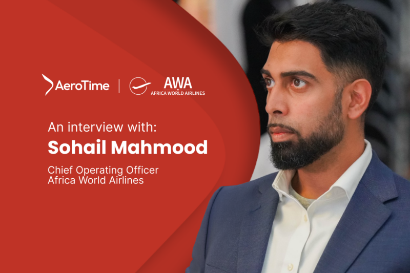 Interview feature Sohail Mahmood COO of Africa World Airlines on a red graphic background with logos