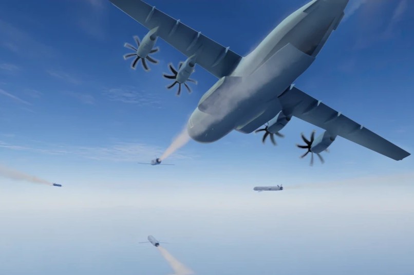 MBDA Remote Carrier Compact drones are depicted being launched from an Airbus A400M transport aircraft MBDA Remote Carrier Compact drones are depicted being launched from an Airbus A400M transport aircraft