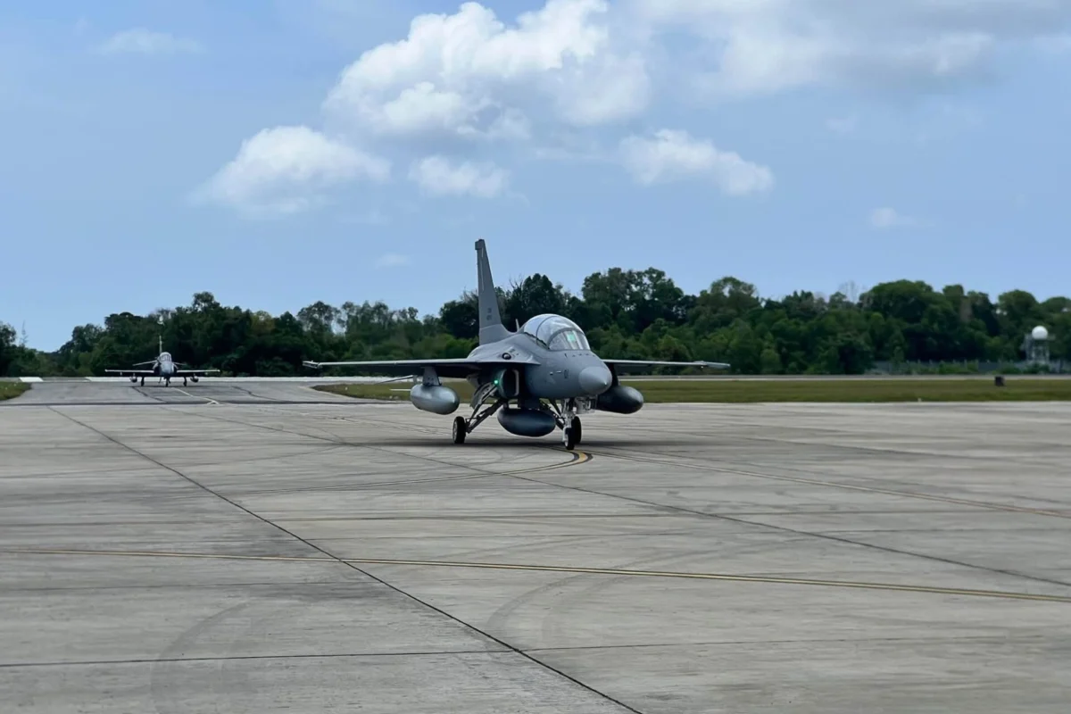 The Royal Malaysian Air Forces first FA 50M light combat aircraft M58 01 arrives at Labuan Air Base on October 30 2026