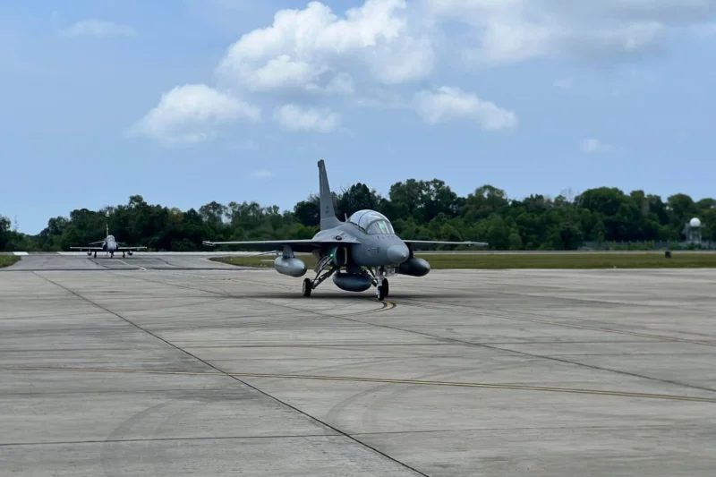 The Royal Malaysian Air Forces first FA 50M light combat aircraft M58 01 arrives at Labuan Air Base on October 30 2026