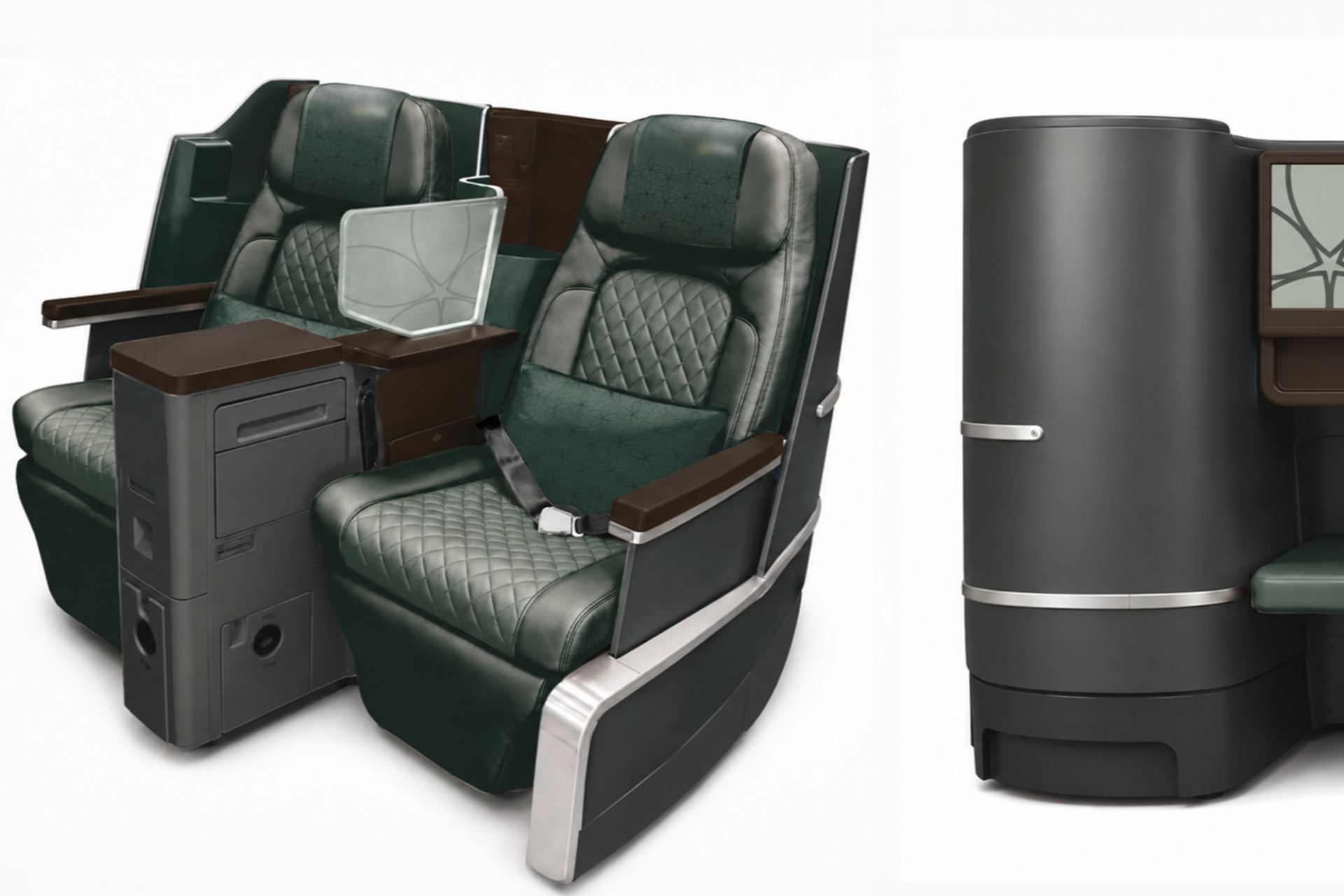 PIA B777 Business Class Seat Design Premium airplane business class seating two green quilted leather seats with a shared center console and fold out tray