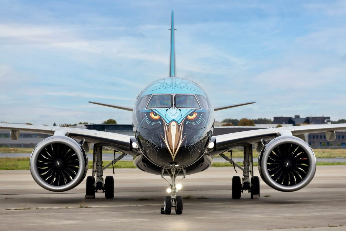 Recently Saved 1 of 1 15 Front view of a blue airplane on the tarmac with an eagle face design on the nose and cockpit windows above