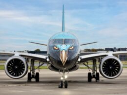 Front view of a blue airplane on the tarmac with an eagle face design on the nose and cockpit windows above