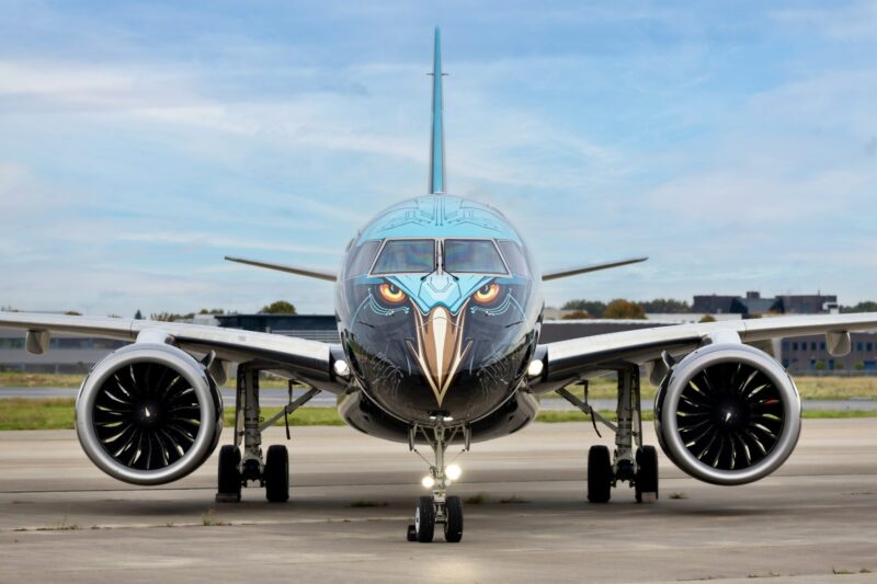 Recently Saved 1 of 1 15 Front view of a blue airplane on the tarmac with an eagle face design on the nose and cockpit windows above