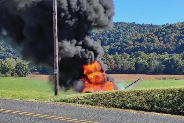 A small aircraft on fire in a rural field black smoke billowing and orange flames rising near a roadside hedge with wooded hills in the background
