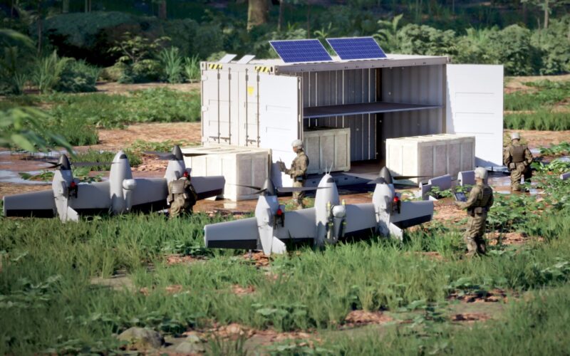 Recently Saved 1 of 1 6 White shipping container shelter with solar panels on top crates outside and soldiers in camouflage gear in a grassy field military equipment in a training area